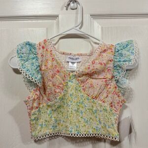 Tween Diva Girls Patchwork Floral Crop Top Ruffle Sleeve‎ Lace Trim Size 8